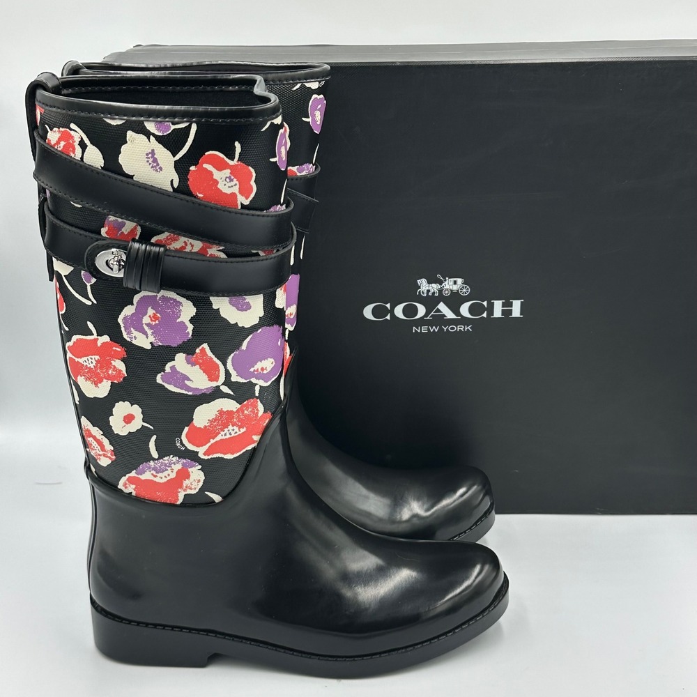 Coach Trisha II Print‎ Rain Boots Black Floral Buckle Accent Size 7B